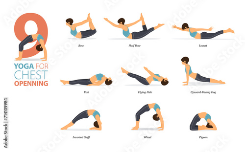 9 Yoga poses or asana posture for workout in Chest Opening concept. Women exercising for body stretching. Fitness infographic. Flat cartoon vector.