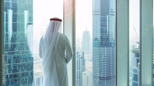 A prosperous Muslim entrepreneur in traditional white attire observing a cityscape of towering buildings from his contemporary workplace. Vision of a triumphant Arabian businessman.