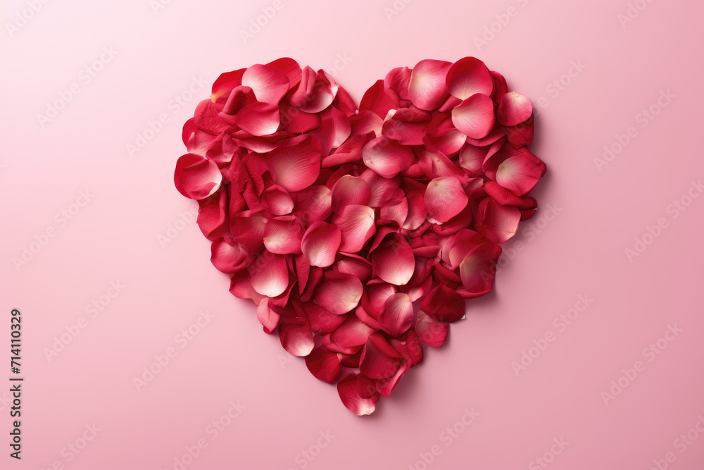 Heart-Shaped Red Rose Petals on Pink Background, Generative AI