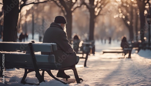 Print op canvas onely old man and old woman on a bench in the city winter park