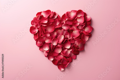 Obraz na płótnie Heart-Shaped Red Rose Petals on Pink Background, Generative AI w salonie