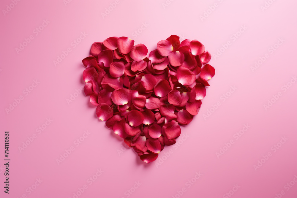 Heart-Shaped Red Rose Petals on Pink Background, Generative AI