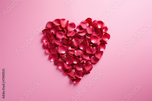 Obraz na płótnie Heart-Shaped Red Rose Petals on Pink Background, Generative AI w salonie