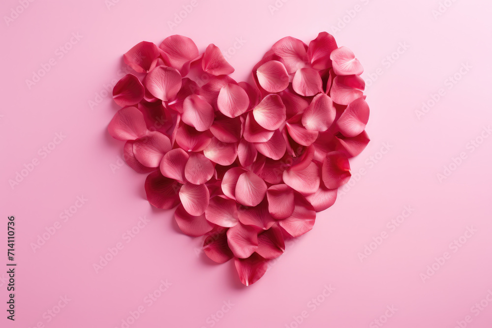Heart-Shaped Light Pink Rose Petals on Pink Background, Generative AI
