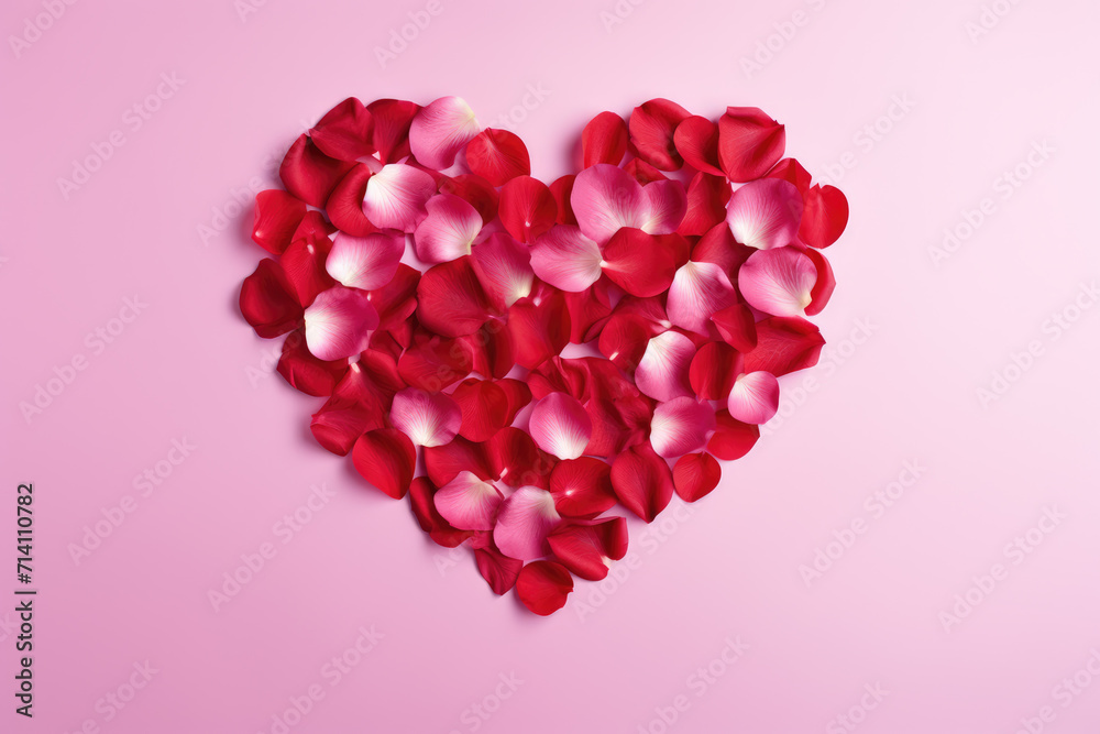 Heart-Shaped Red Rose Petals on Pink Background, Generative AI Heart-Shaped Red Rose Petals on Pink Background, Generative AI
