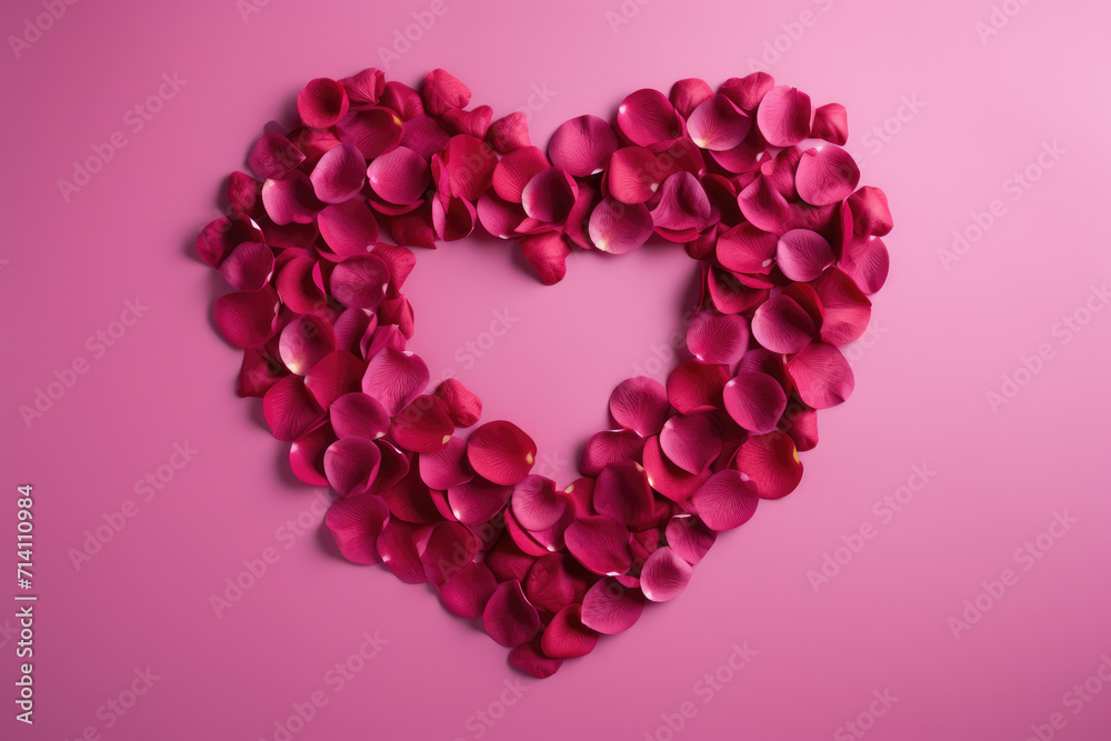 Heart-Shaped Pink Rose Petals on Pink Background, Generative AI