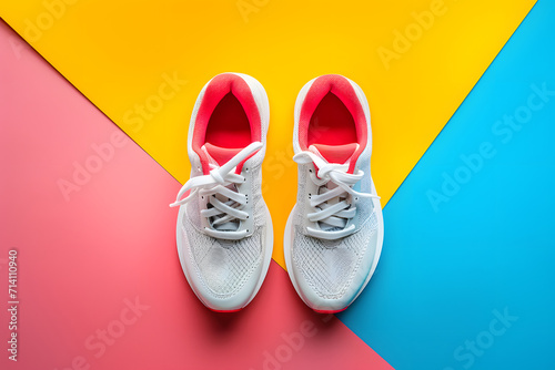 Pair of sport shoes on colorful background.
