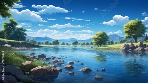 A serene riverside scene with a clear blue sky and gentle flowing waters in the daytime, displaying the tranquil beauty of a daytime riverbank. - Generative AI