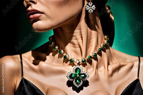 A necklace with cubic diamonds surrounding a 2-carat four-leaf clover-shaped emerald. 