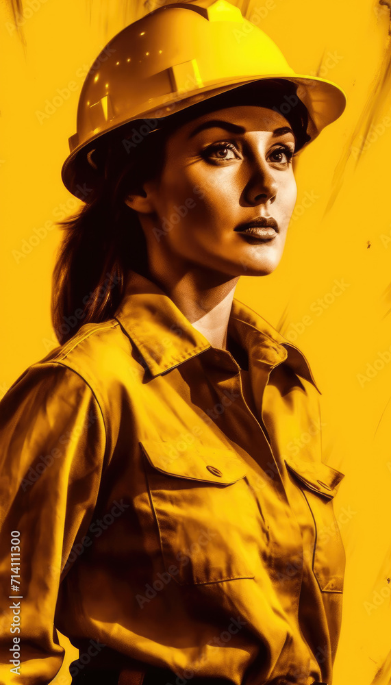 Business woman in yellow safety helmet, on yellow background Business woman in yellow safety helmet, on yellow background