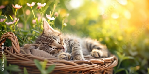 Sunny morning. Kitten is sleeping in wicker basket
