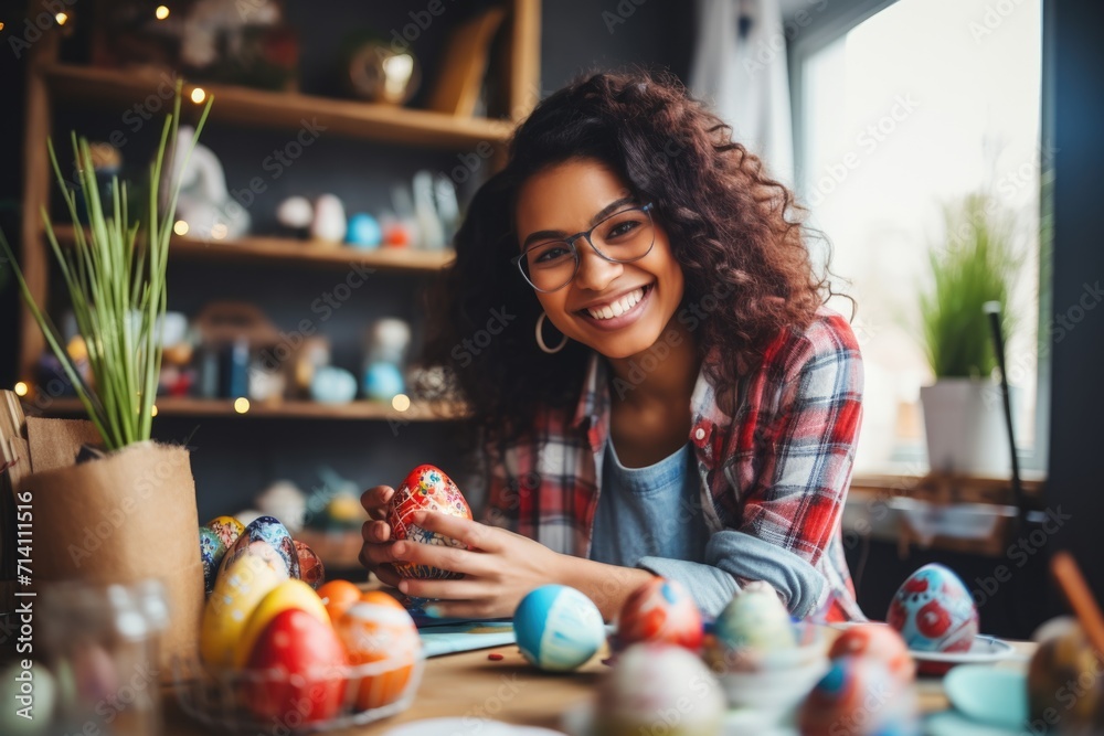 Fototapeta premium A black woman paints eggs. concept of a happy Easter.