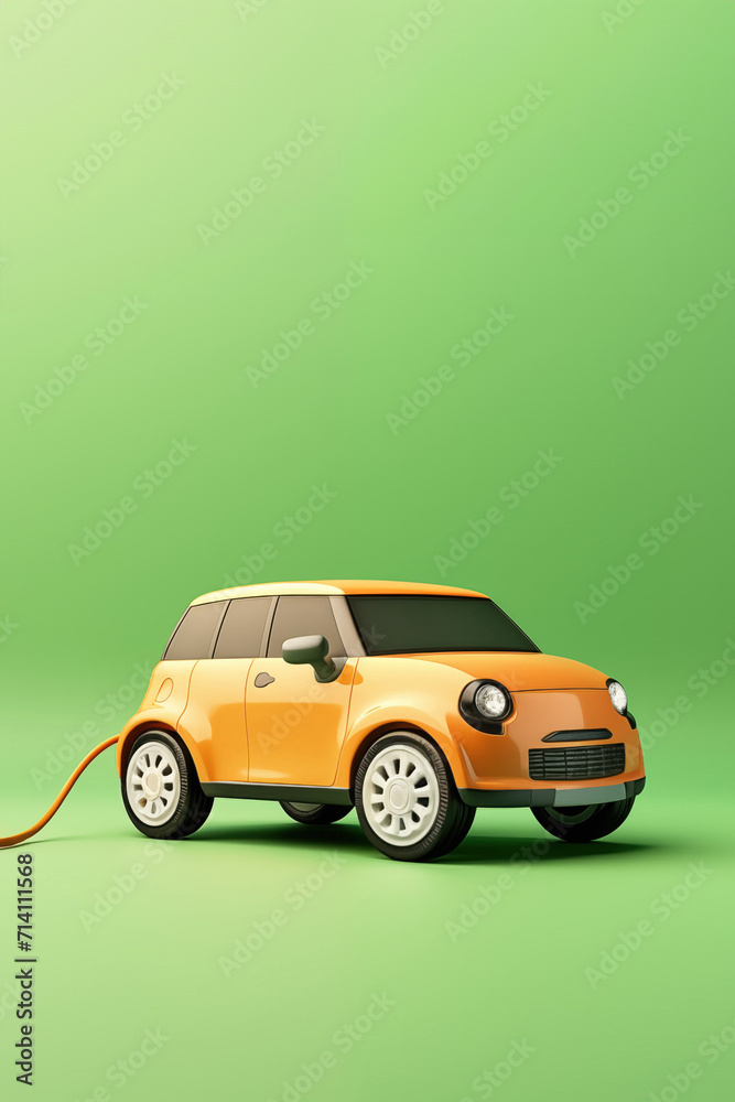 Model Electric Car Charging With Power Cable Against Green Studio Background