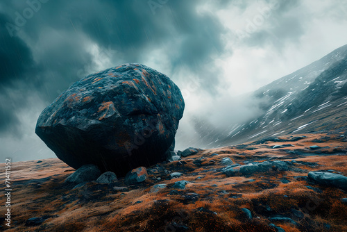 Capture a cinematic 35mm film scene: a boulder rolling down a mountain, heavy rain, dark clouds, and dramatic lighting. The concept of strength, fury, resilience and indomitability photo