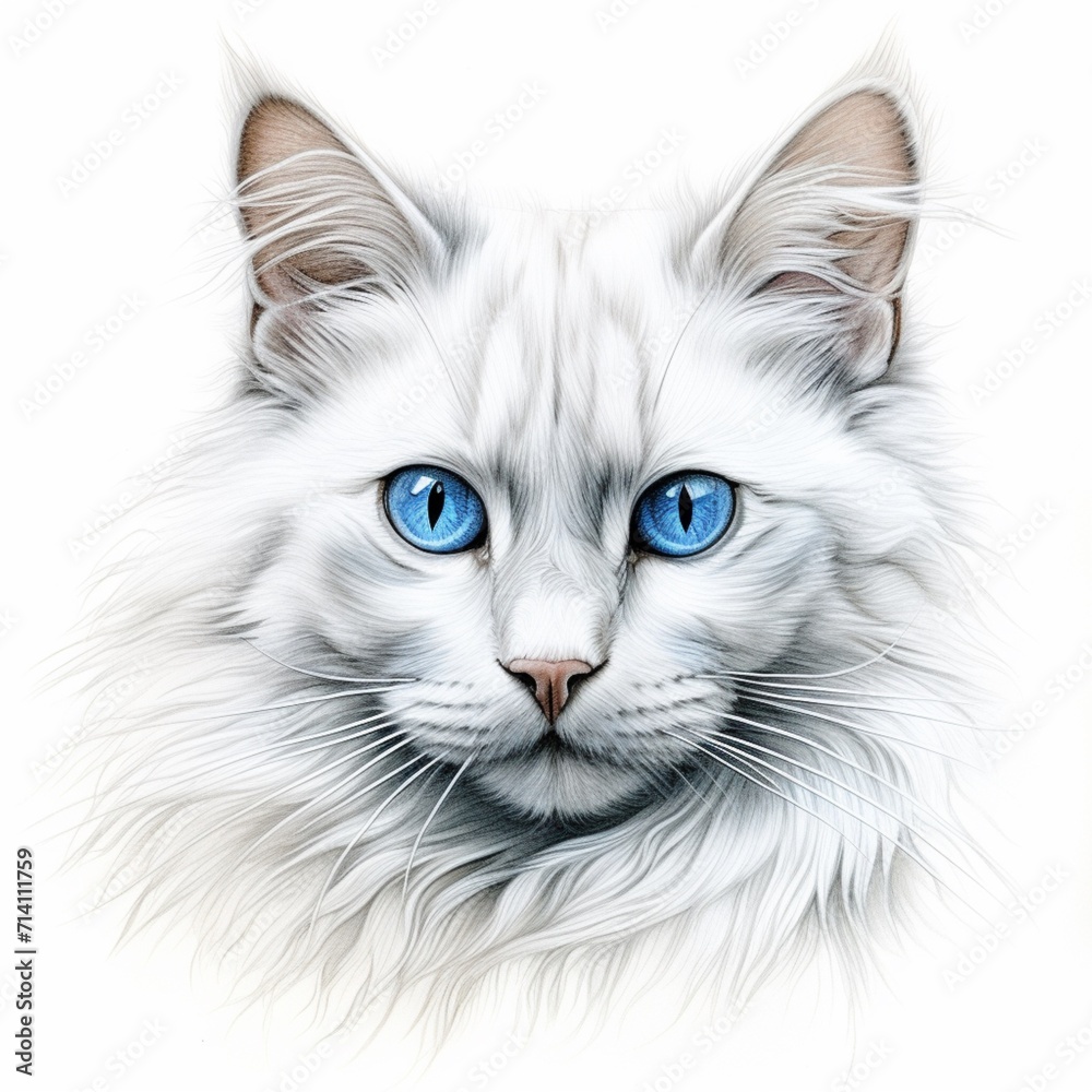 Pencil sketch cute white cat blue eye image Generative AI