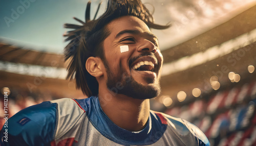 Happy Male Soccer Player Smiling at Stadium: Portrait of a Young Athlete in Action