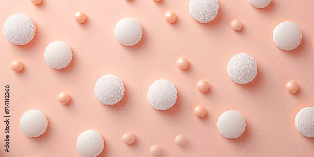 White tablets and peach dragee, arranged on a peach background, banner. Concept: medicine, healthcare, pharmaceuticals