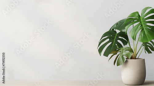 monstera plant in a ceramic pot in front of a white house wall or white background. Tropical house plant interior design concept. 