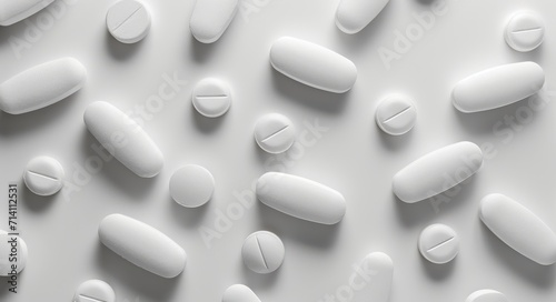 White pills and tablets, scattered on white background, copy space, banner. Concept: medicine, healthcare, pharmaceuticals