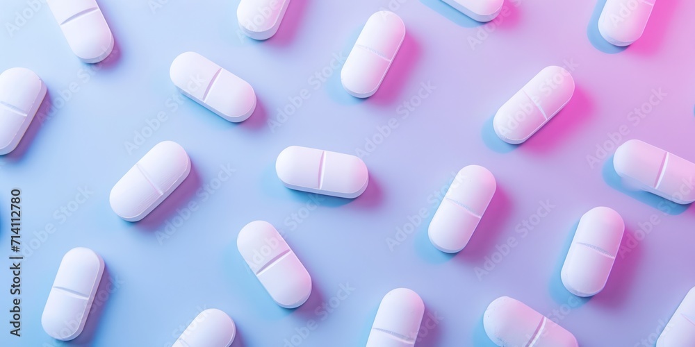 White pills, scattered on lillac background, copy space, banner. Concept: medicine, healthcare, pharmaceuticals White pills, scattered on lillac background, copy space, banner. Concept: medicine, healthcare, pharmaceuticals