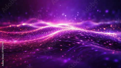 Abstract bright purple background pattern of flying lines of dots and glowing circles of futuristic digital energy magical bright particles, generative, AI photo
