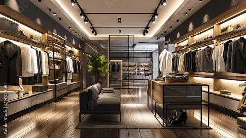 Modern interior of a luxury and fashionable clothing store photo