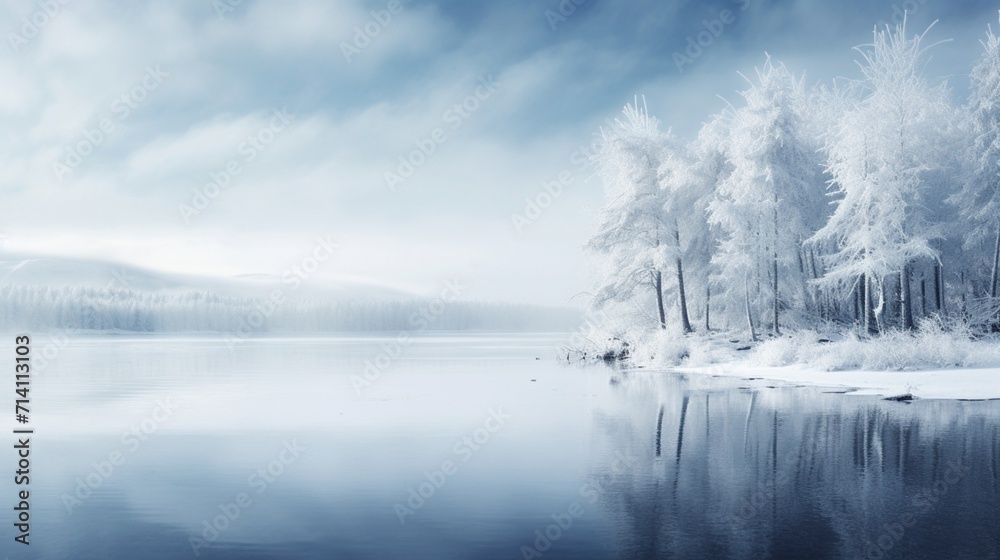 Obraz premium A serene winter landscape with snow-covered trees and a frozen lake, offering unoccupied space for text overlay against the wintry scene - Generative AI