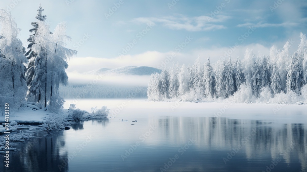 A serene winter landscape with snow-covered trees and a frozen lake, offering unoccupied space for text overlay against the wintry scene - Generative AI