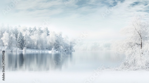 A serene winter landscape with snow-covered trees and a frozen lake, offering unoccupied space for text overlay against the wintry scene - Generative AI