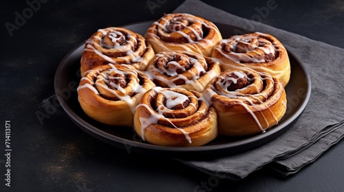 Homemade cinnamon rolls on a gray earthenware tray on gray background