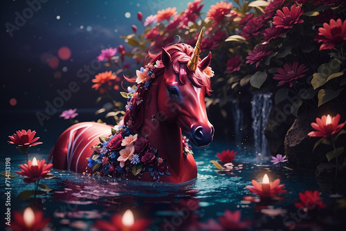 A photo of a beautiful maroon color Unicorn in water at night Generative AI