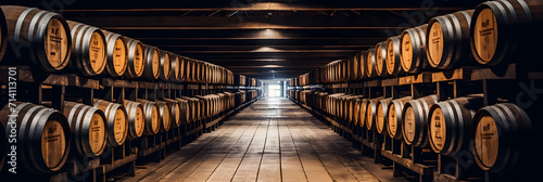 Whiskey, bourbon, scotch, wine barrels in an aging facility. photo