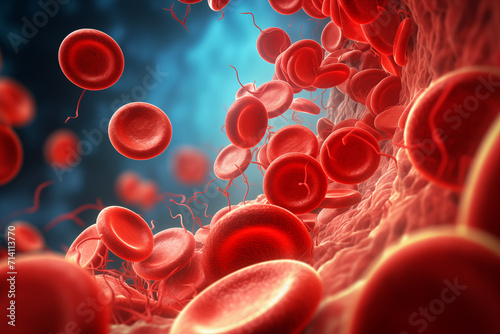 Abstract background of artery inside red blood hemoglobin molecule. Major blood cells erythrocytes. photo