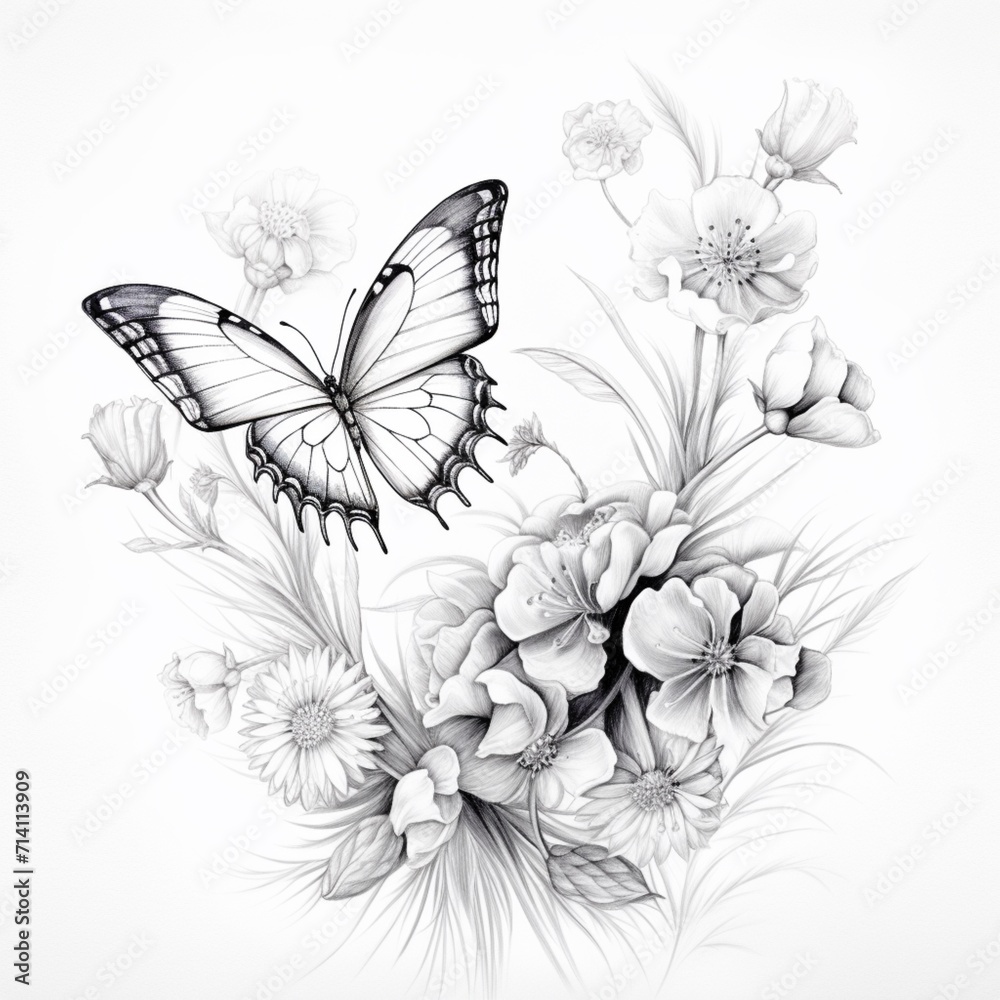 Pencil sketch flower butterfly bright design image Generative AI Pencil sketch flower butterfly bright design image Generative AI