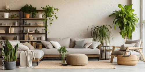 Interior of modern living room with sofa and plants 3D rendering Living room designed with sustainable and eco-friendly materials, organic textiles, and earthy color palettes to promote a healthy. photo