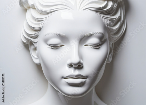 white glossy latex mask of a beautiful woman, white glossy, latex surface in the shape of a human face © Sergey