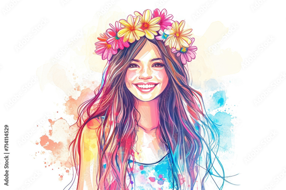 Fototapeta premium girl, on her head there is a flower wreath with long hair, watercolor stripes with stains