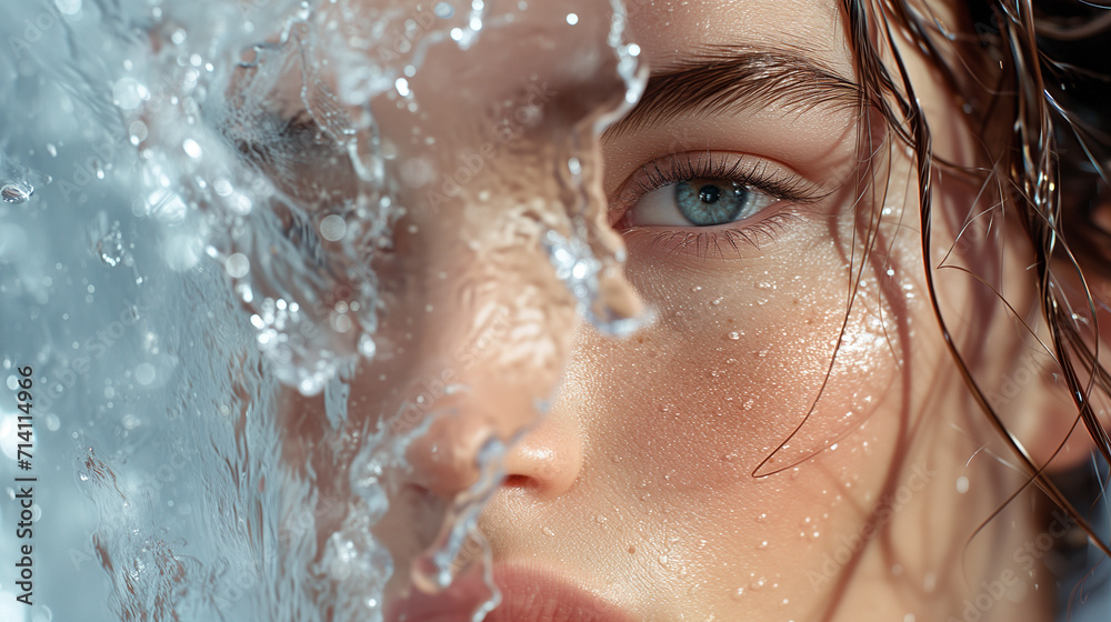 Close-Up of Woman's Face with Water Droplets Close-Up of Woman's Face with Water Droplets