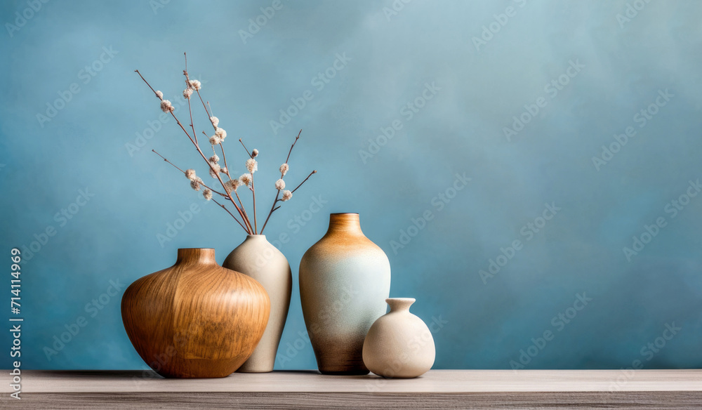Modern Vase Collection with Pastel Tones and Dry Flowers on blue background Modern Vase Collection with Pastel Tones and Dry Flowers on blue background