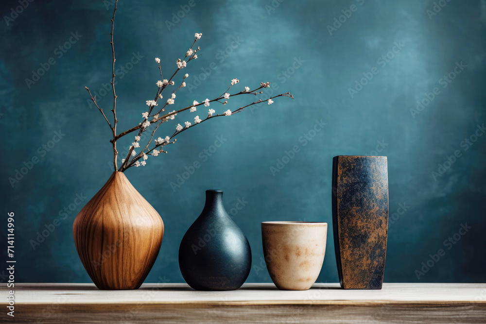 Elegant wooden and ceramic vases with a single blossom branch on a wooden table against blue dark background - obrazy, fototapety, plakaty 