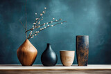 Elegant wooden and ceramic vases with a single blossom branch on a wooden table against blue dark background