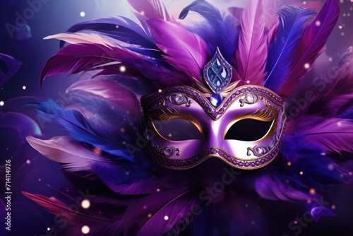 Mardi Gras mask with feathers on black background.