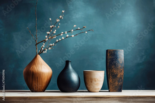 Elegant wooden and ceramic vases with a single blossom branch on a wooden table against blue dark background photo