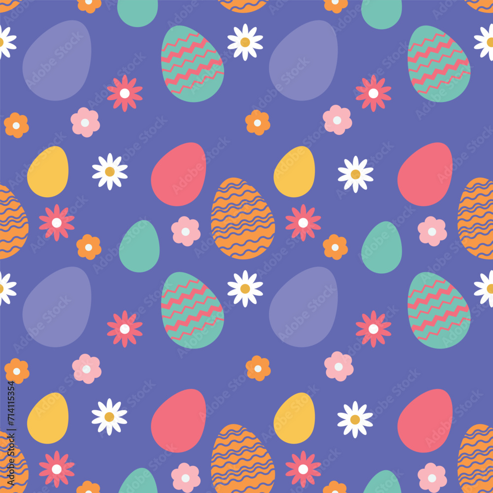 Cute Easter background with colorful Easter eggs and flowers for packaging, textiles, cards