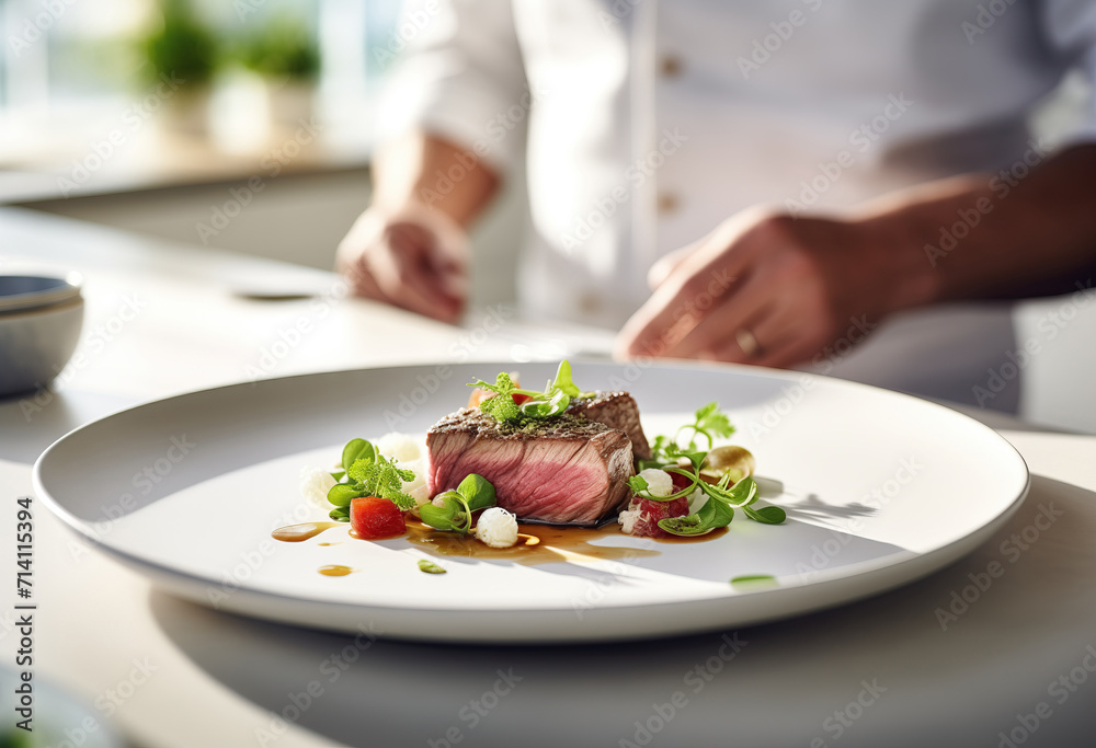 Close-up of a gourmet steak beef dish being finished by chef with edible greens and garnish in restaurant kitchen Close-up of a gourmet steak beef dish being finished by chef with edible greens and garnish in restaurant kitchen