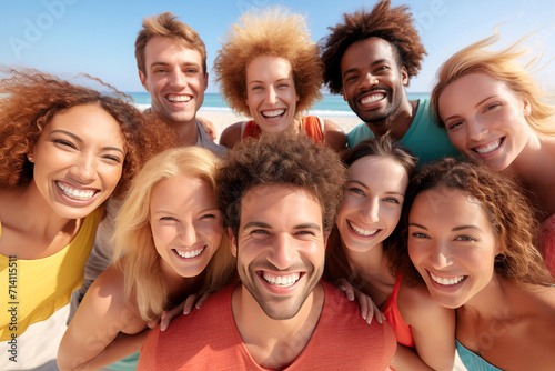 Diverse Group of Joyful Young Friends smiling at camera at the beach