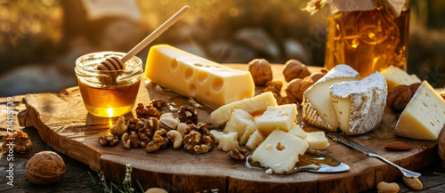 Golden honey, an array of cheeses, and mixed nuts bask in the warm, late afternoon sun on a rustic wooden board