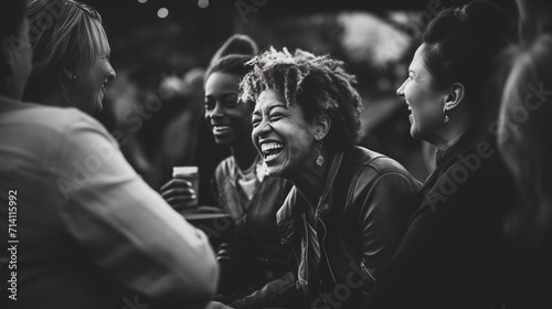 A candid photograph capturing a moment of laughter and connection between friends at a gathering, a scene that radiates the warmth and joy of their bond.