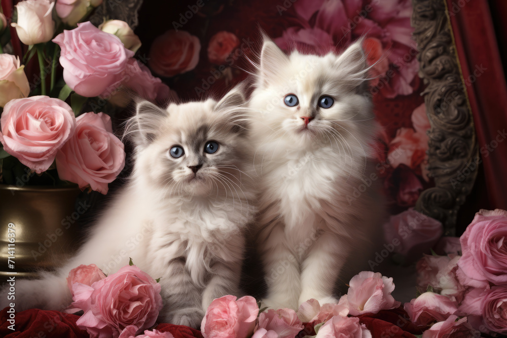 Fluffy Kittens and Pink Roses Valentine, Generative AI