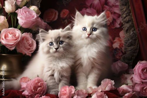Obraz na płótnie Fluffy Kittens and Pink Roses Valentine, Generative AI w salonie